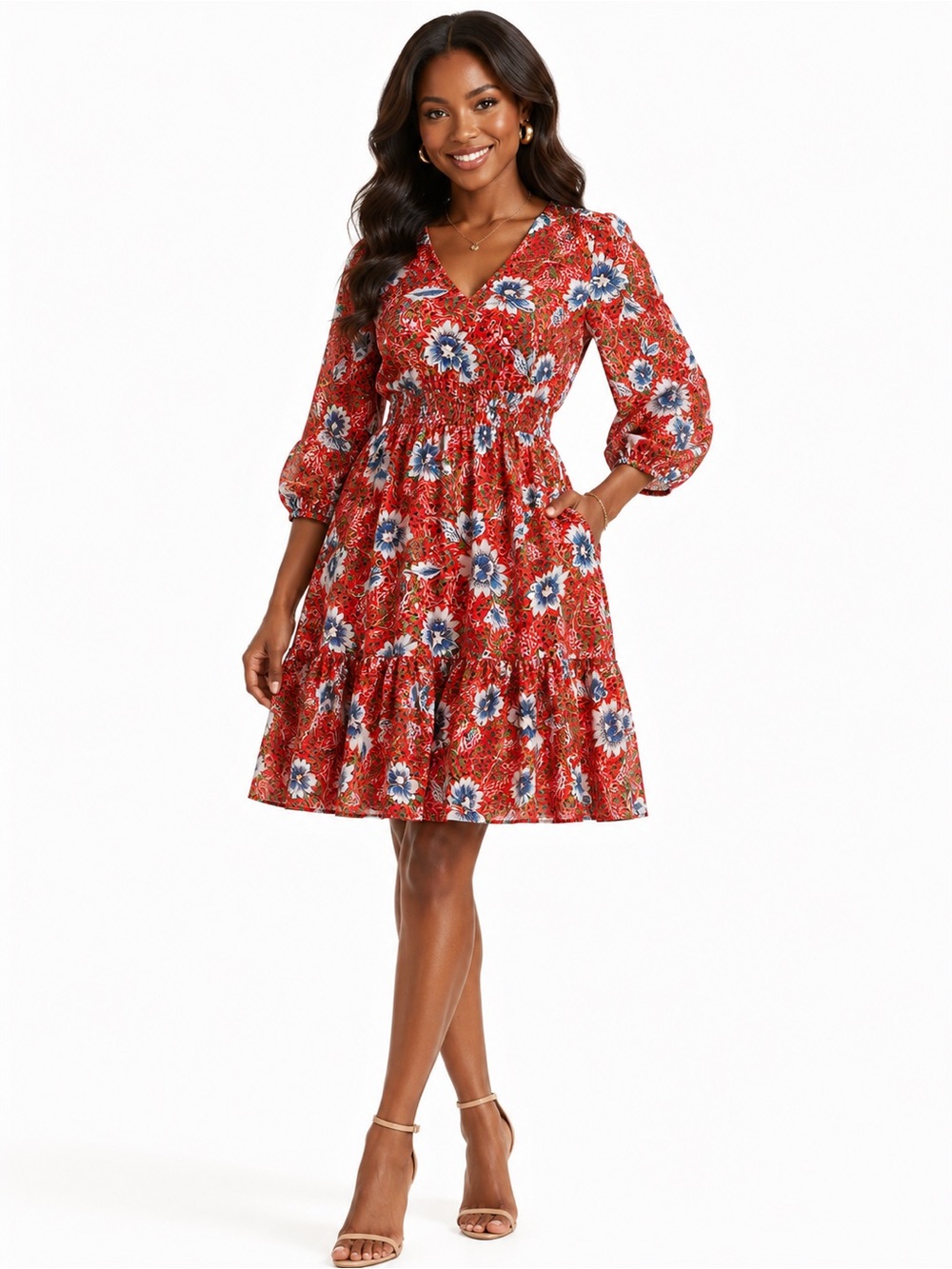 Sam Edelman Red Floral V-Neck Smocked Waist Dress